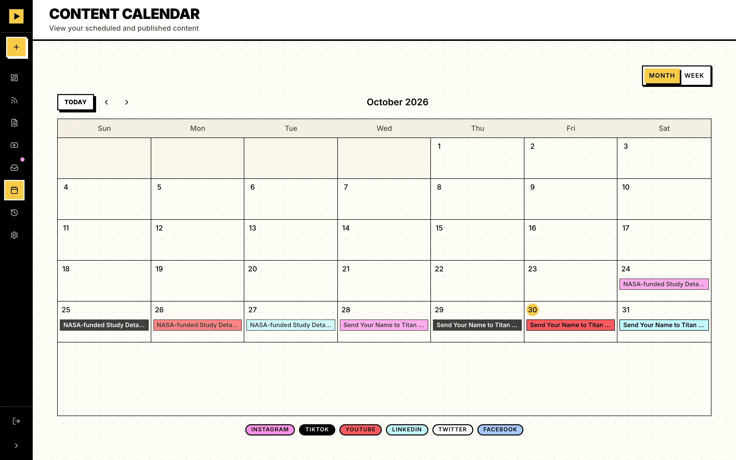 The content calendar for October with scheduled posts in each platform’s color