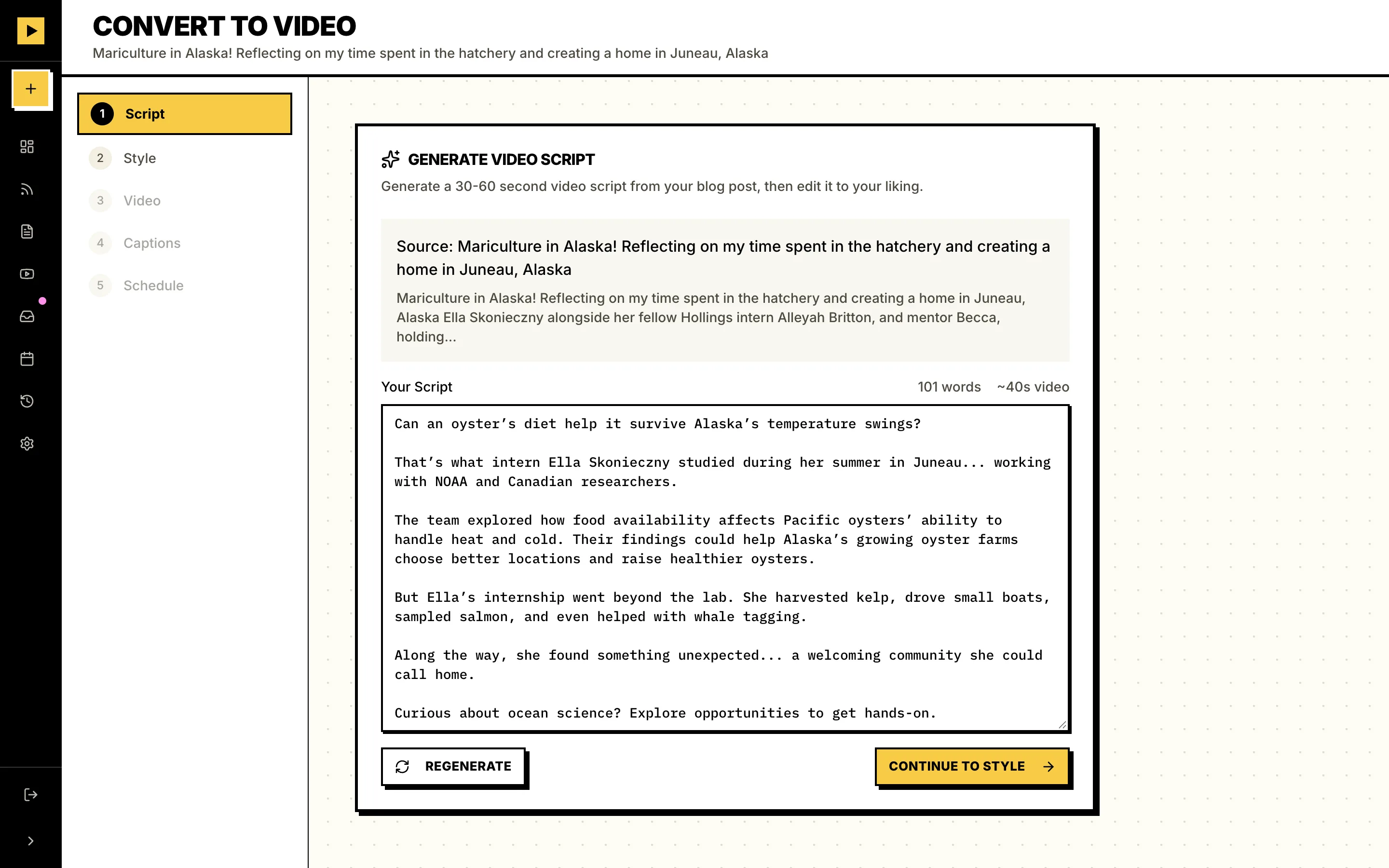 The conversion wizard’s Script step, with the source post and the script Vidfiddle wrote
