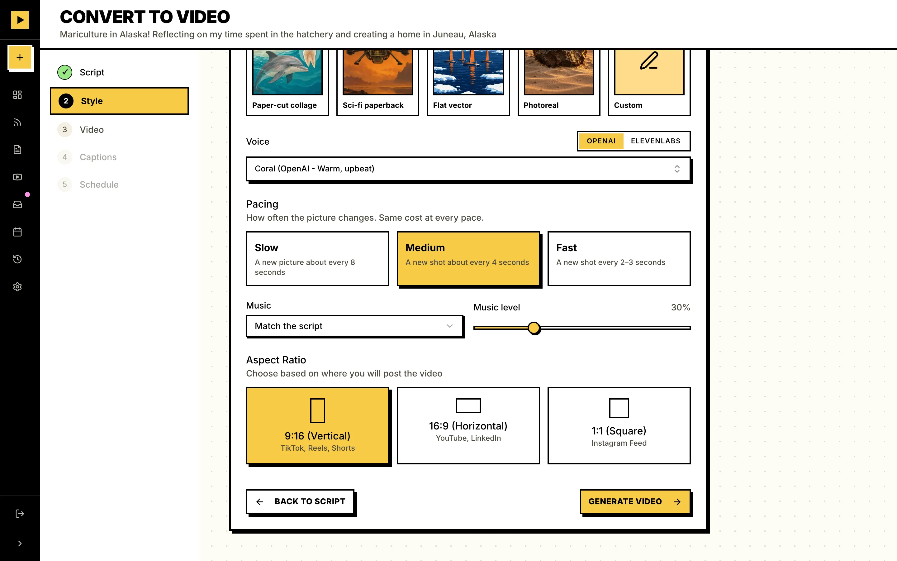 The rest of the Style step: an OpenAI voice, pacing, music and the 9:16 vertical format
