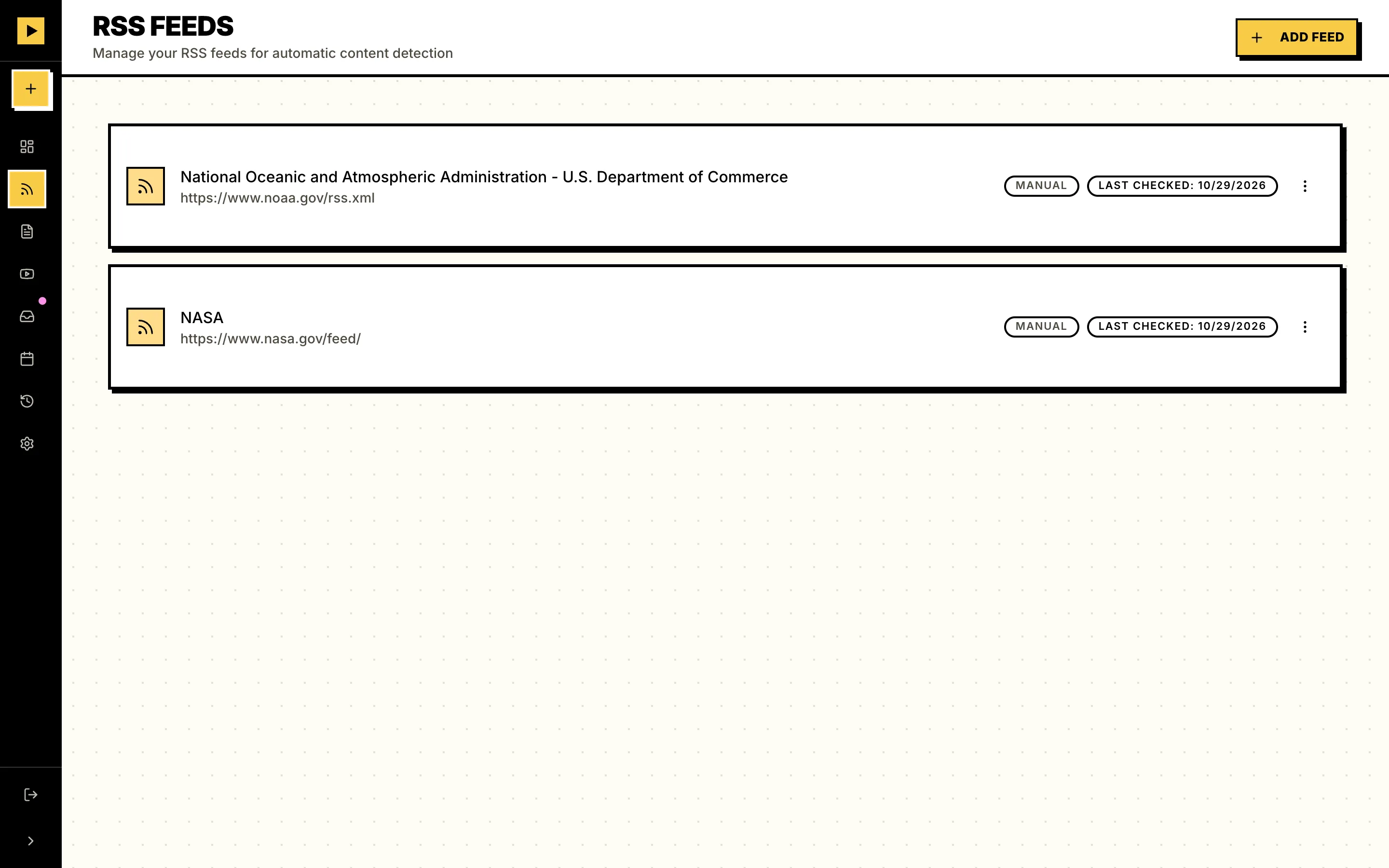 Vidfiddle’s Feeds page listing a NASA feed and a NOAA feed